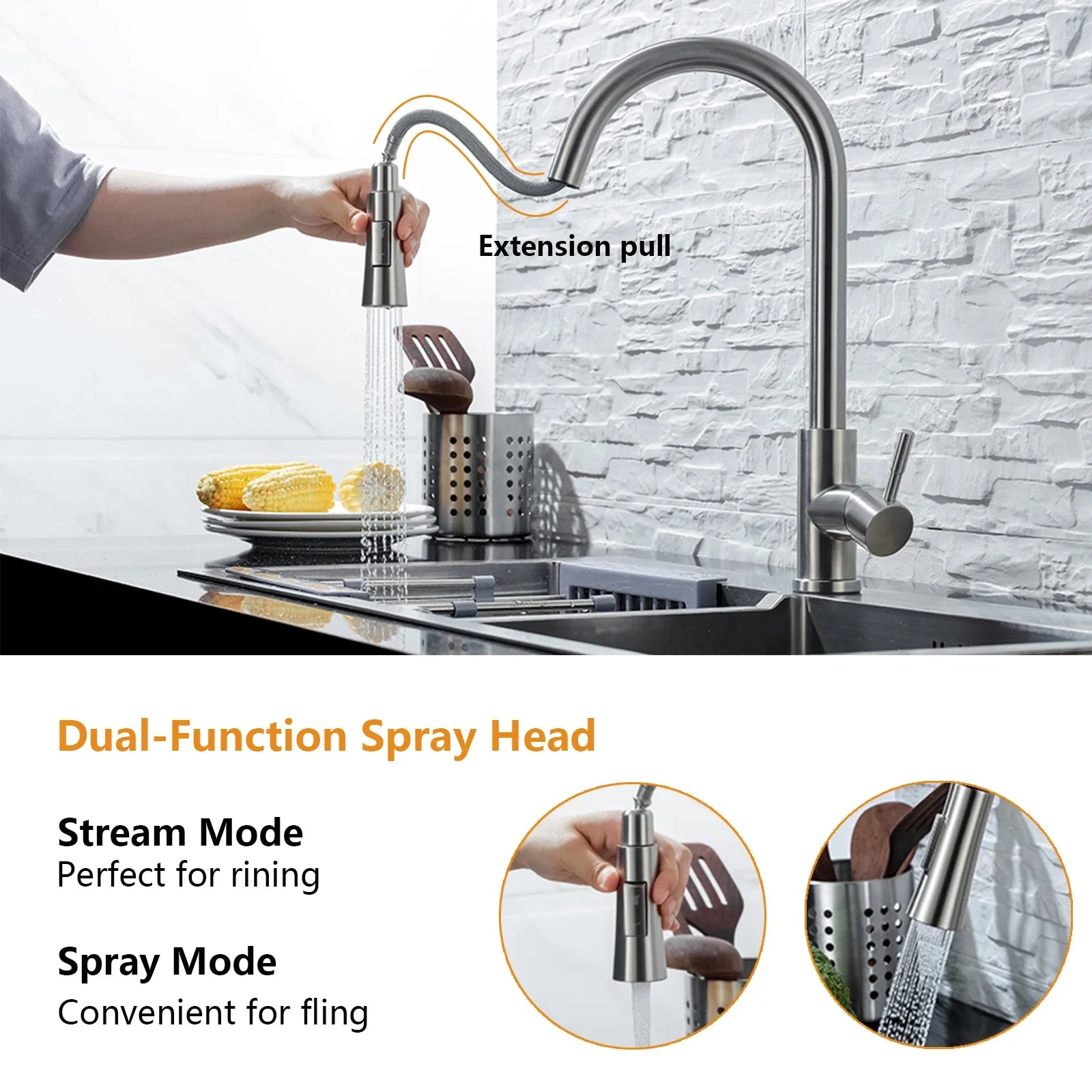 DQOK Kitchen Faucet Pull Out Brushed Nickle Sensor Stainless Steel Black Smart - Kitchen Faucet - view 5
