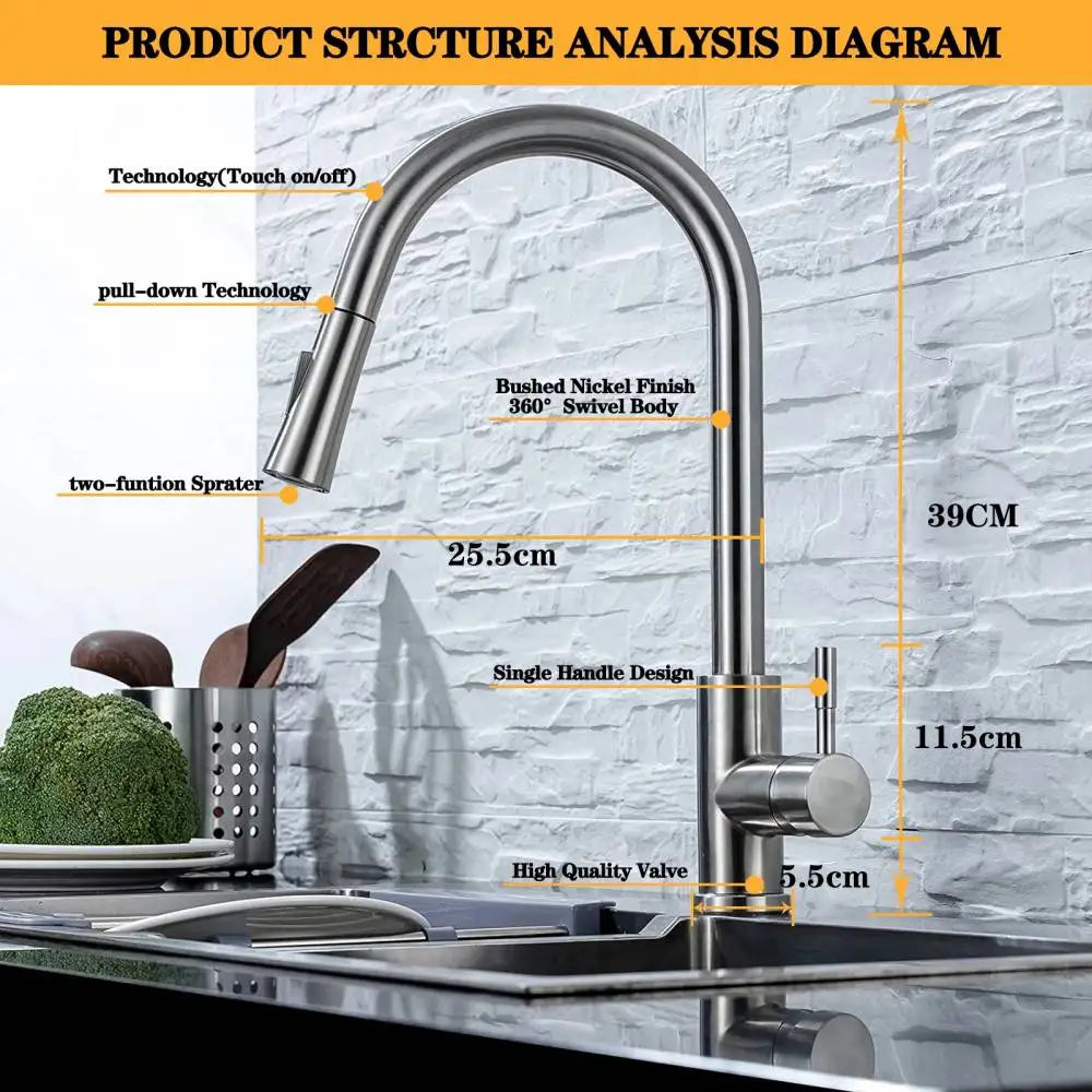 DQOK Kitchen Faucet Pull Out Brushed Nickle Sensor Stainless Steel Black Smart - Kitchen Faucet - view 6
