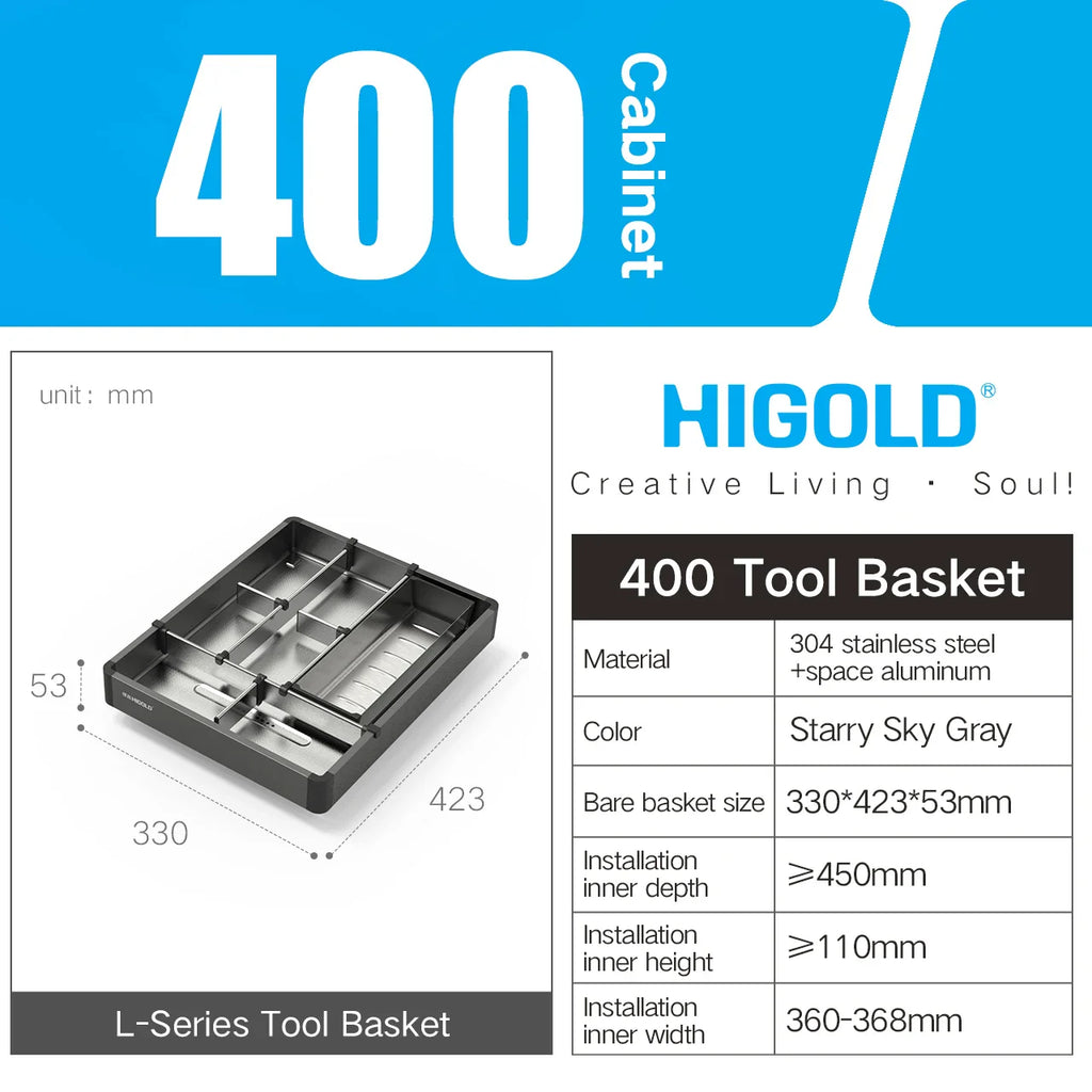 HIGOLD Small Pull Basket Kitchen Cabinet Tool Puller Single Drawer Space Aluminium - Cabinet Organizer - view 7