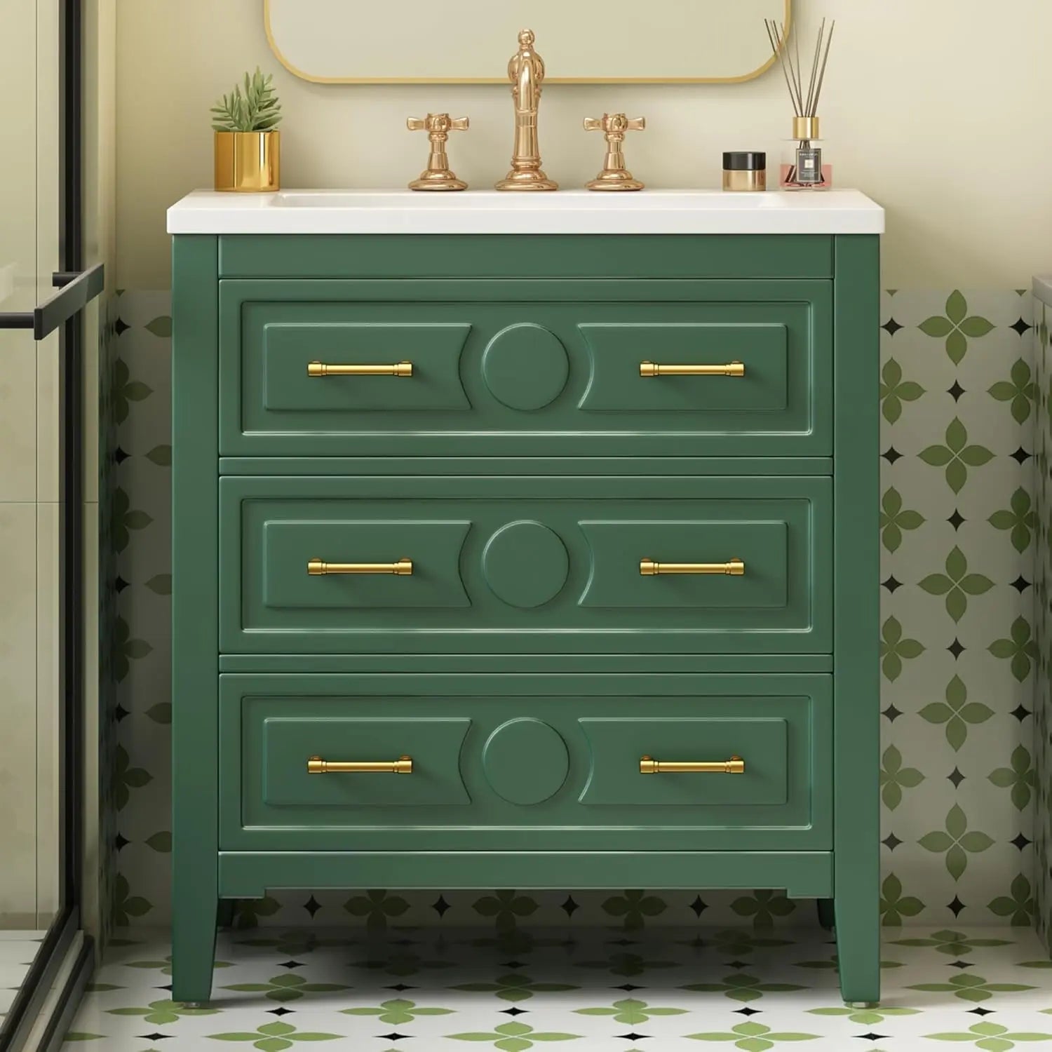 30" Bathroom Vanity with Sink Top 3-Drawer Storage Cabinet Gold Pulls Tip-Out Drawer Solid - Cabinet Organizer - view 7
