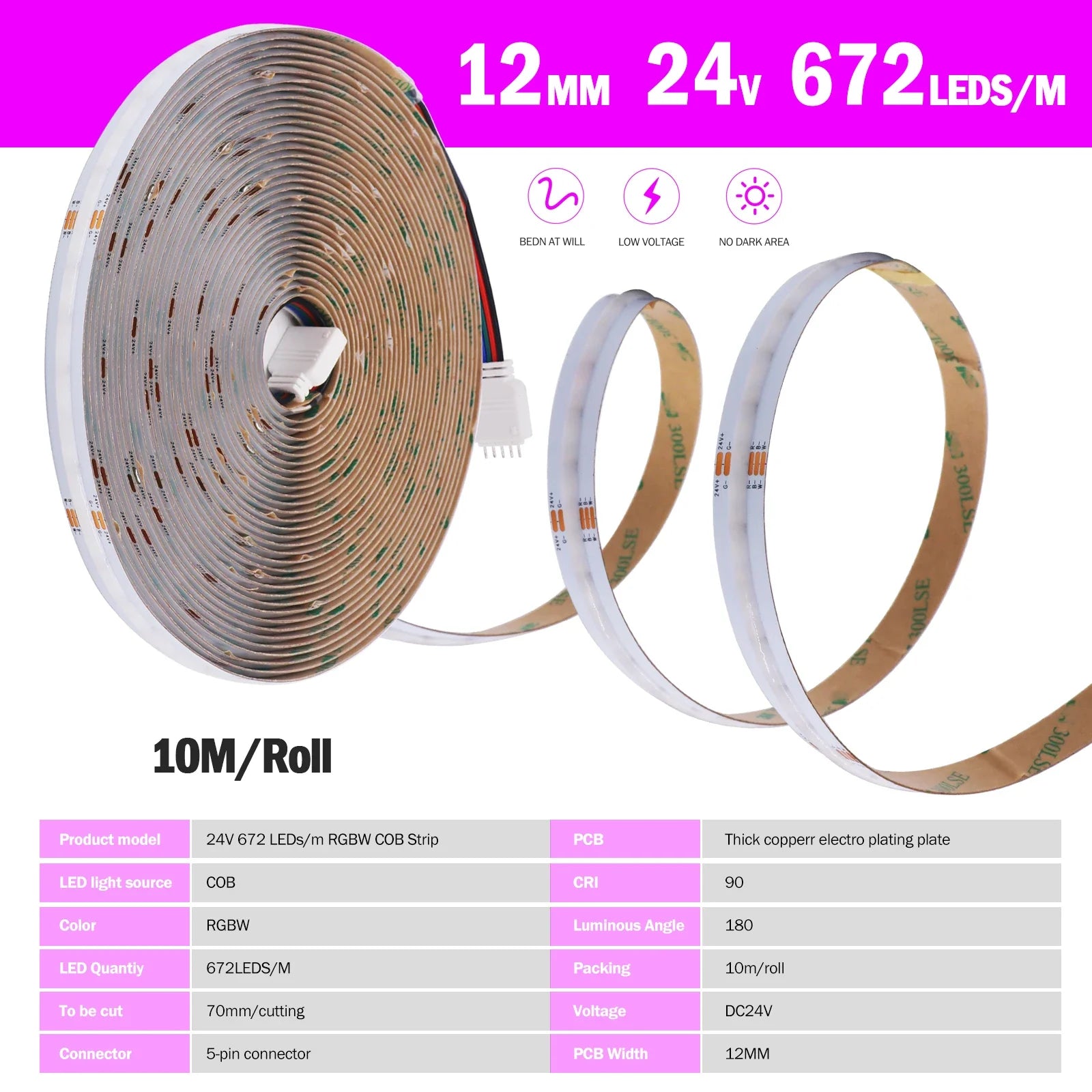 DC 24V RGBW RGBWW 5pin COB LED Strip 10M 672LEDs/M RA90 High Density Room - LED Strip Light - view 5