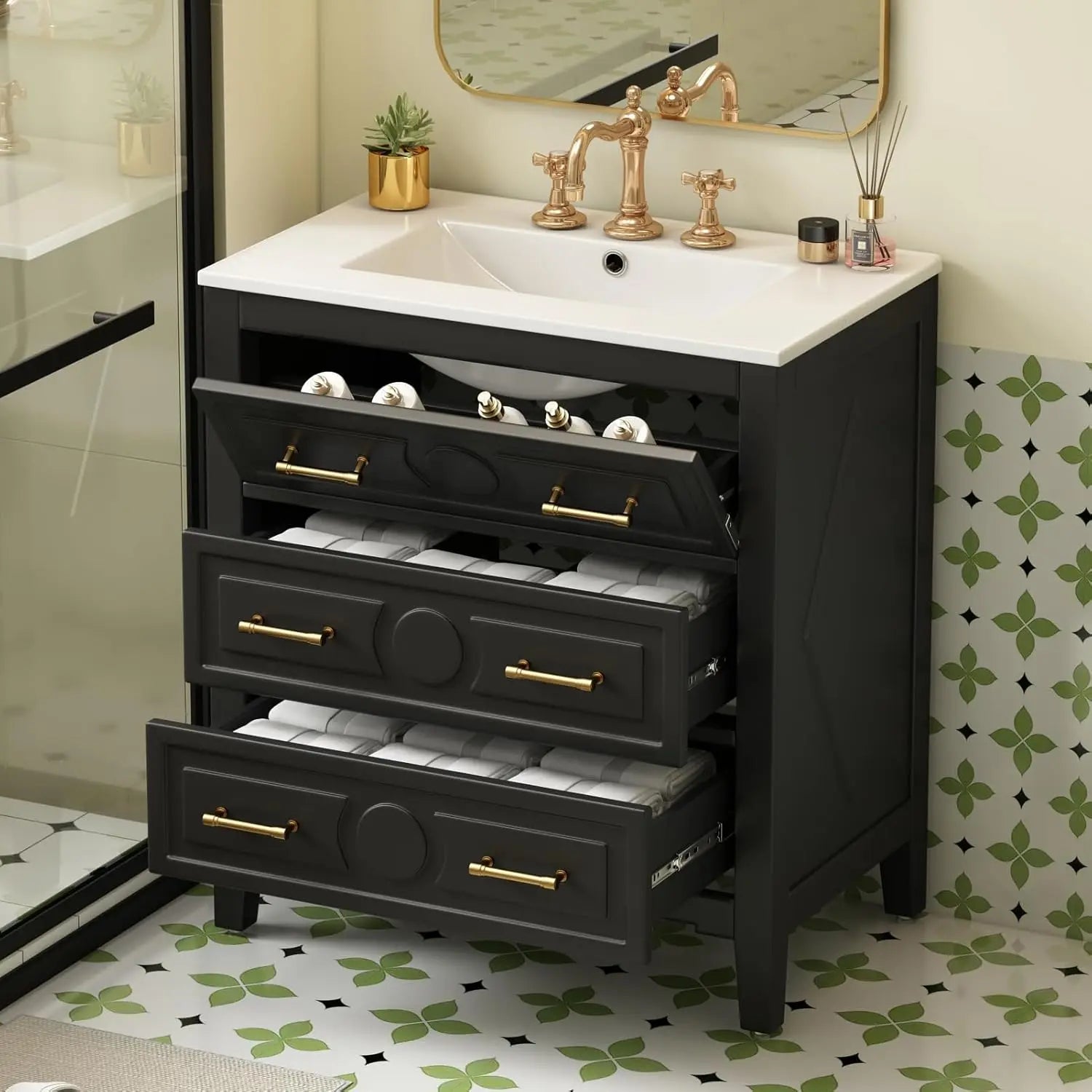 30" Bathroom Vanity with Sink Top 3-Drawer Storage Cabinet Gold Pulls Tip-Out Drawer Solid - Cabinet Organizer - view 3