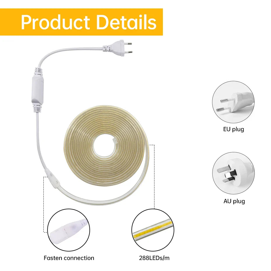 AC 220V COB LED Strip Light 288LEDs/m IP65 Waterproof 1m-50m Flexible Tape with EU/AU - Kitchen Faucet - view 2