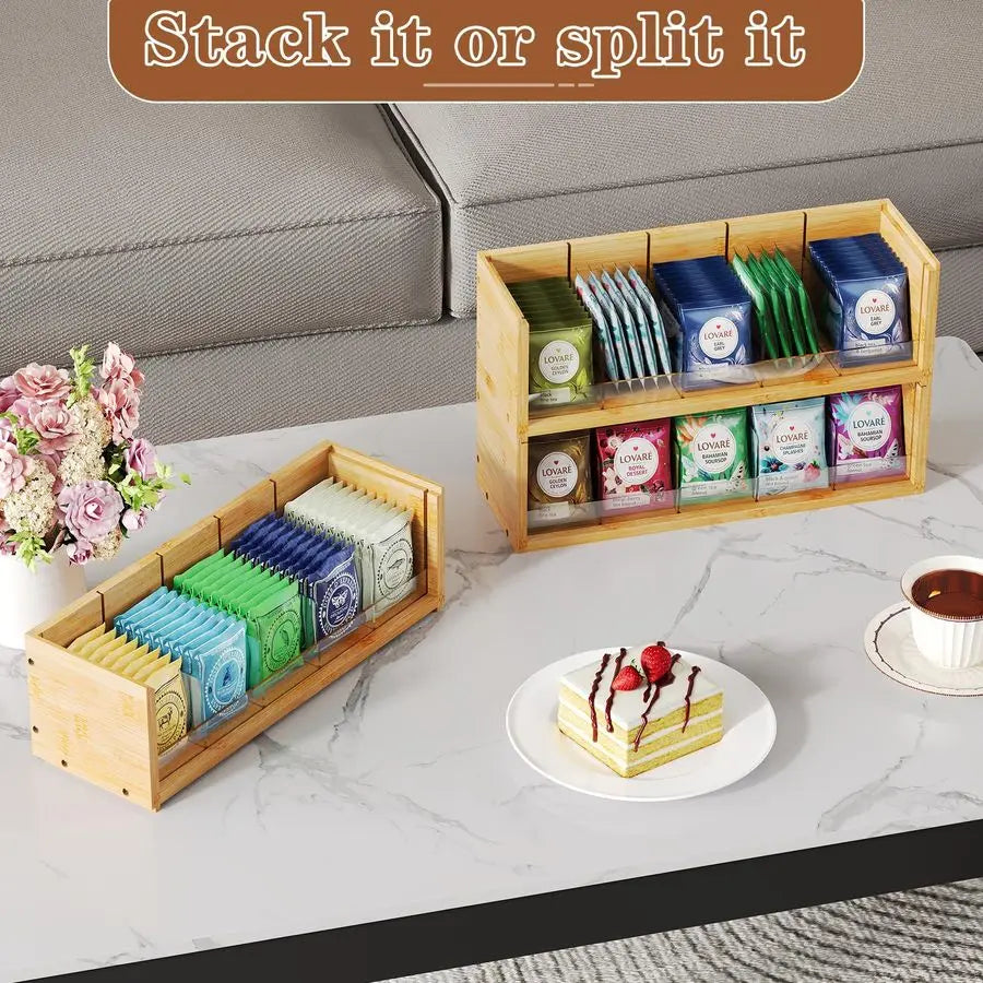 Bamboo Tea Bag Organizer Storage Box, 3 Tier Stackable Tea Bag Box Natural Wood - Cabinet Organizer - view 2