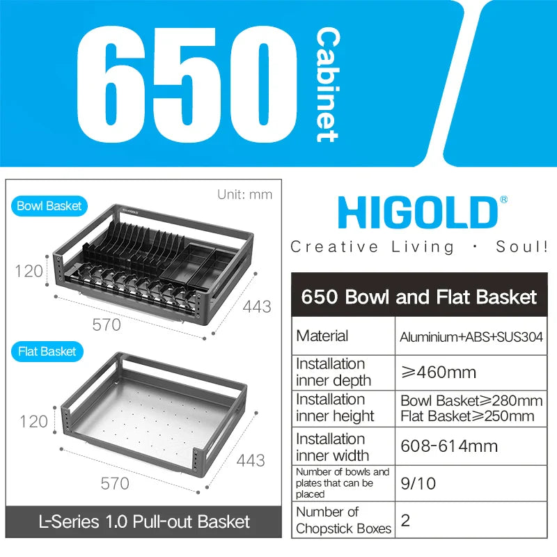 HIGOLD 500mm Cabinet Pull Basket Double Drawer With Dish Rack 304 Stainless Steel Kitchen - Dish Drying Rack - view 8
