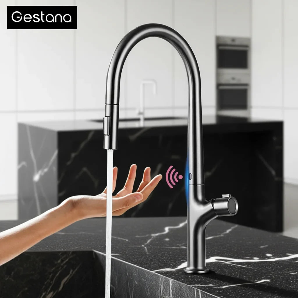 Modern style gun gray pull-out kitchen faucet with 1 handle for hot&cold water intelligent - Kitchen Faucet