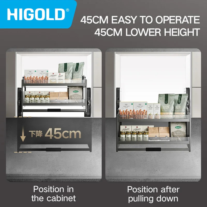 HIGOLD Pull Down Basket Kitchen Hanging Cabinet Lifting Basket Shelf Tempered Glass - Cabinet Organizer - view 4