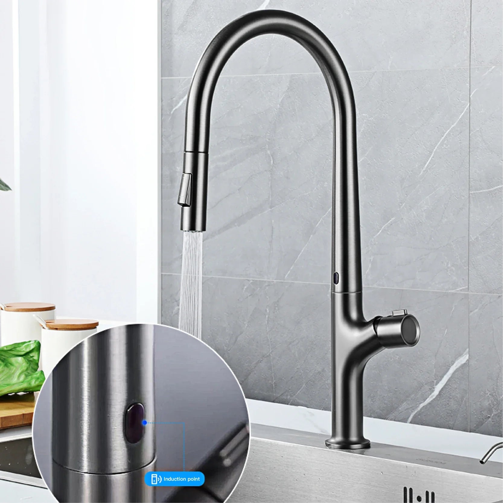 Modern style gun gray pull-out kitchen faucet with 1 handle for hot&cold water intelligent - Kitchen Faucet - view 6