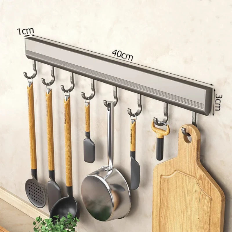 Aluminum Alloy Hooks Rack Wall Mounted Drill-Free Kitchen Utensils Storage Row Hook - Storage Shelf - view 7
