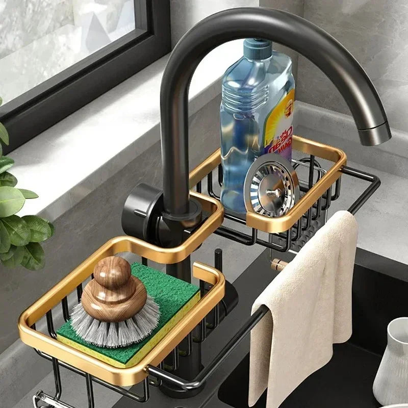 Kitchen Space Aluminum Sink Drain Rack Sponge Storage Faucet Holder Soap Drainer Shelf - Kitchen Faucet