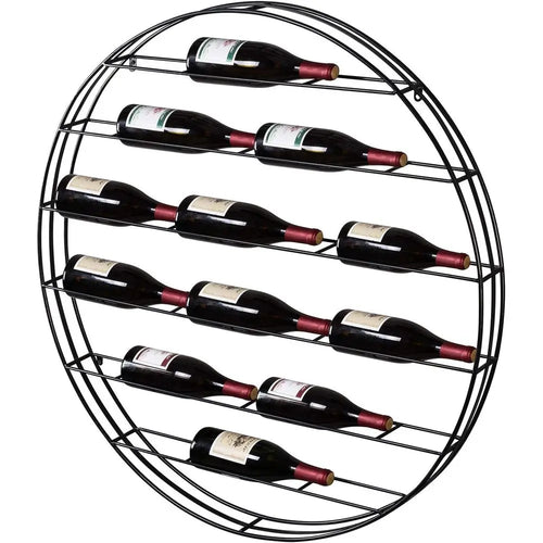 12-Bottle Modern Black Metal Round Wall Mounted Wine Rack – 6-Tier Horizontal Storage - Wine Rack