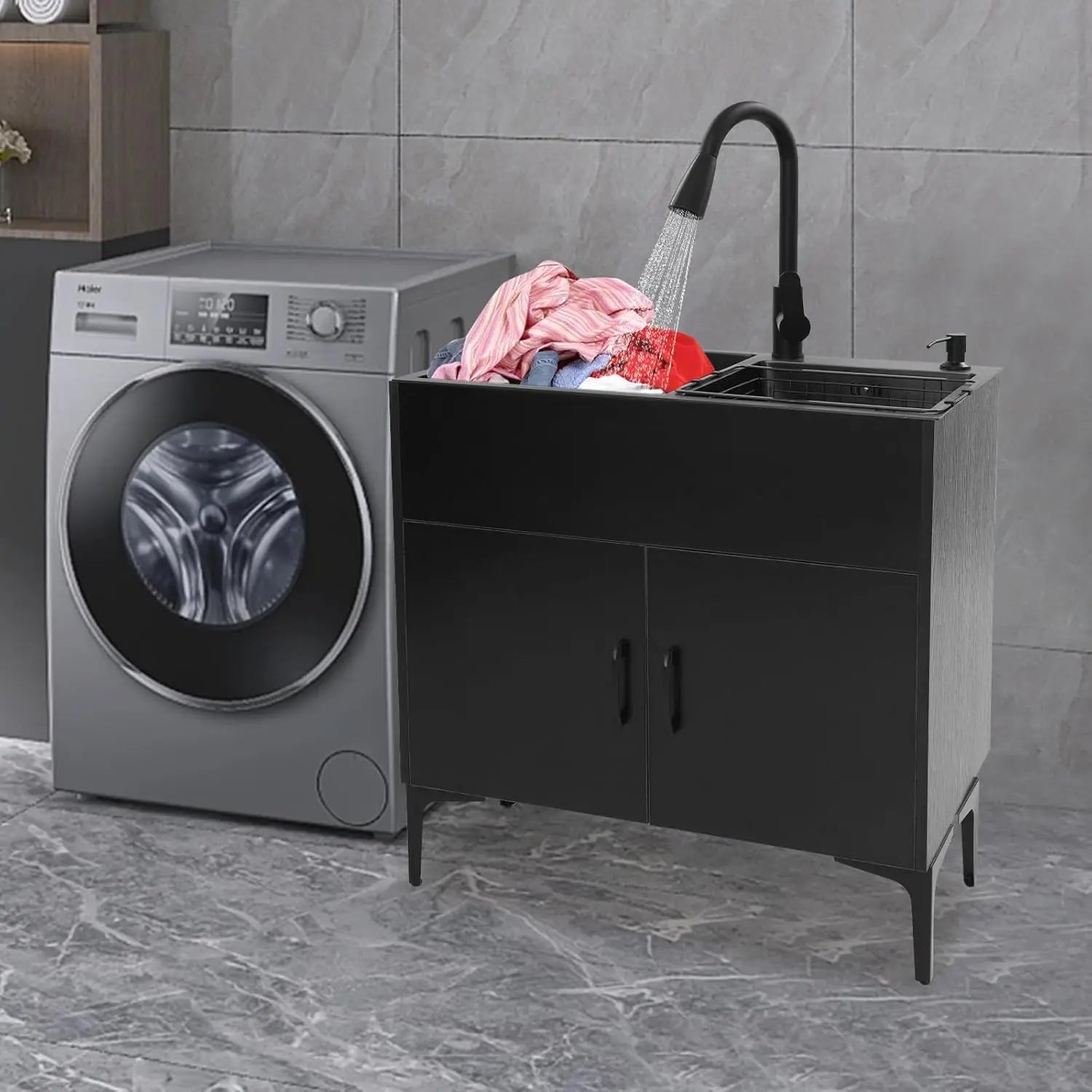 Laundry Sink with Cabinet, Heavy Duty Slop Freestanding Utility Sinkwith Pull-out - Cabinet Organizer - view 6