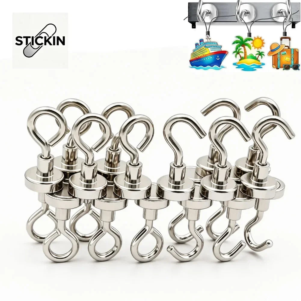 STICKIN 10 PCS Super Strong Neodymium Powerful Magnet Hook Multi-Purpose Storage - Organizer