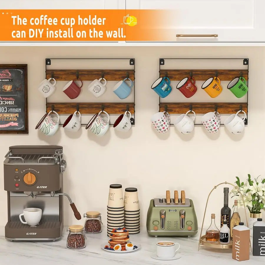 Wood Coffee Mug Rack Wall Mount Cup Holder Shelf Storage for Kitchen, Home, Bar - Storage Shelf - view 4