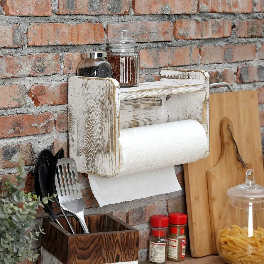 Farmhouse Paper Towel Holder, Shabby Whitewashed Wood Farmhouse Wall Mounted Kitchen - Organizer - view 4