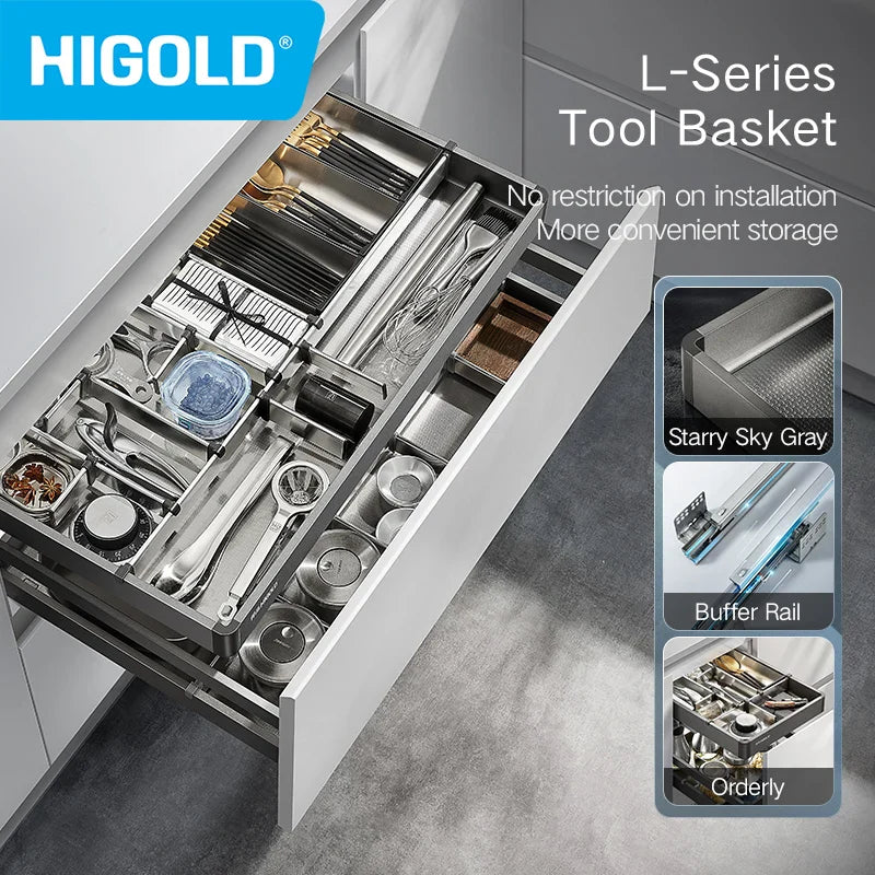 HIGOLD Small Pull Basket Kitchen Cabinet Tool Puller Single Drawer Space Aluminium - Cabinet Organizer - view 4