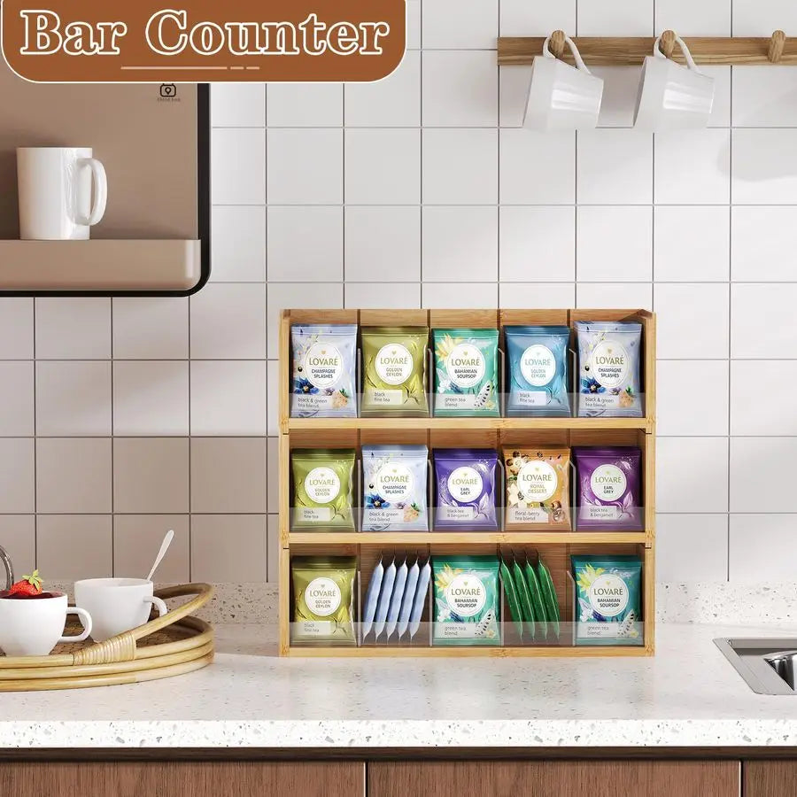 Bamboo Tea Bag Organizer Storage Box, 3 Tier Stackable Tea Bag Box Natural Wood - Cabinet Organizer - view 5