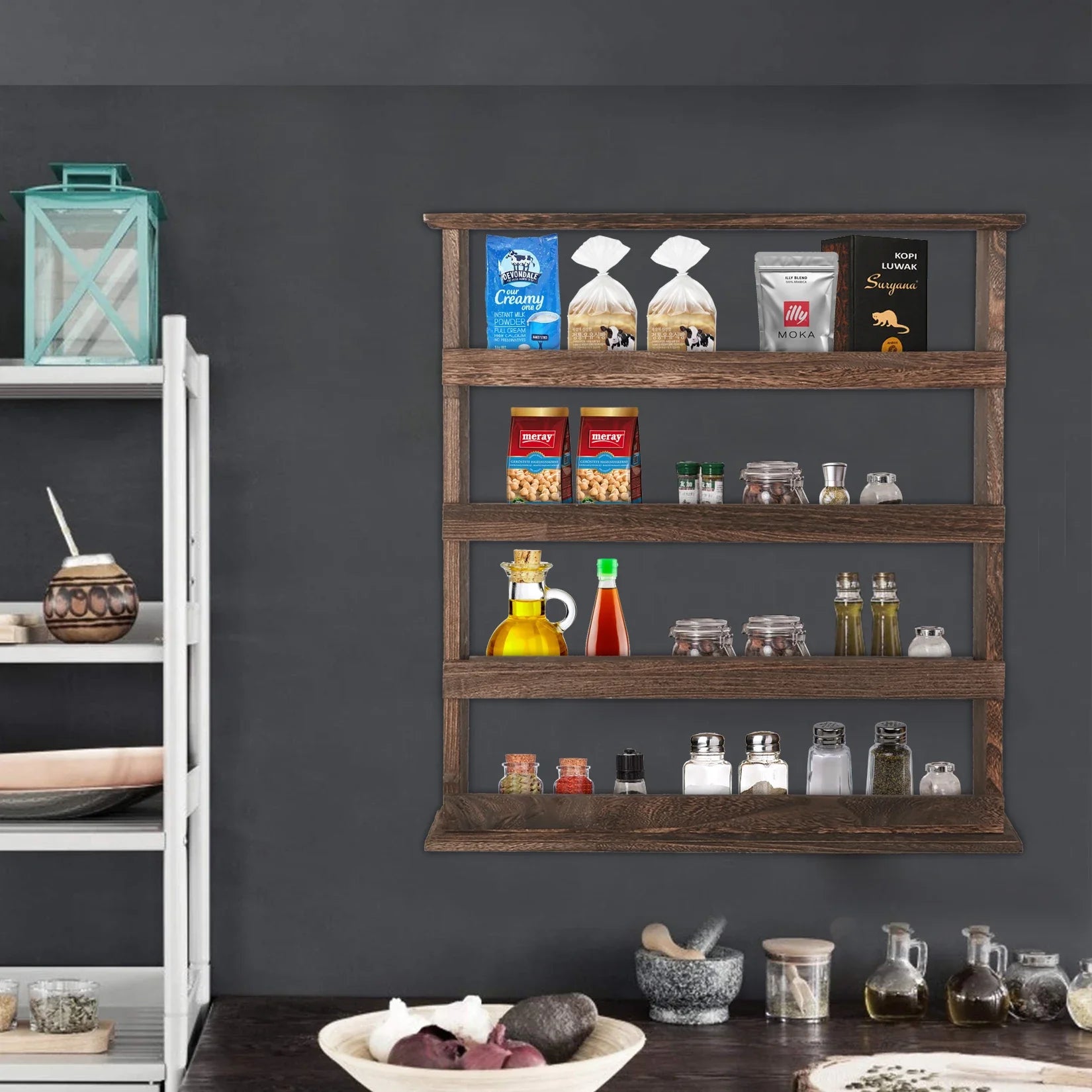 Wood Spice Rack Wall Mount, Wooden Spice Rack Holder, Seasoning Rack, Countertop or Wall - Storage Shelf - view 3