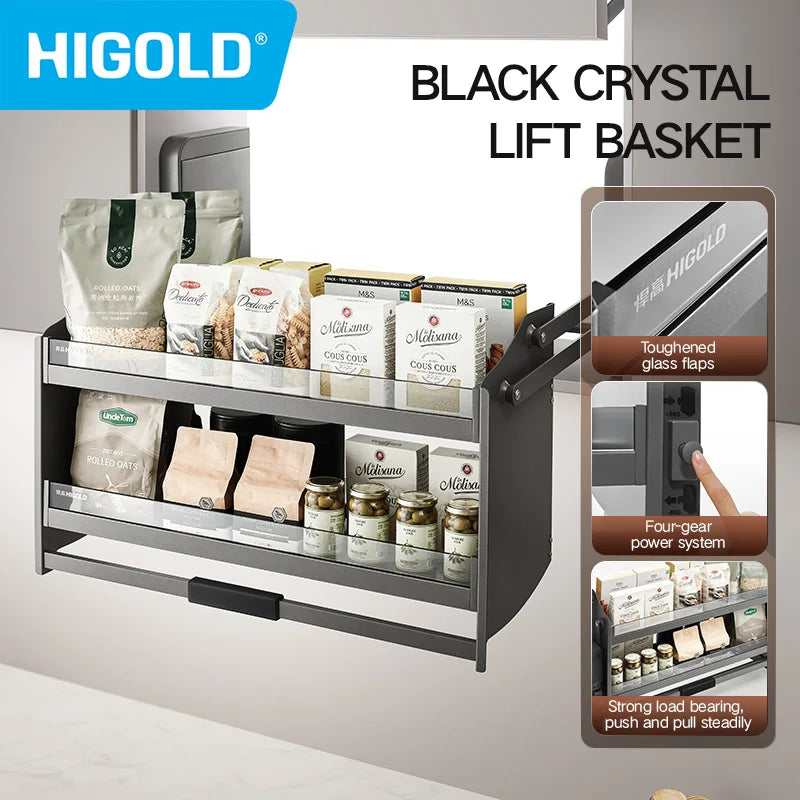 HIGOLD Pull Down Basket Kitchen Hanging Cabinet Lifting Basket Shelf Tempered Glass - Cabinet Organizer - view 2