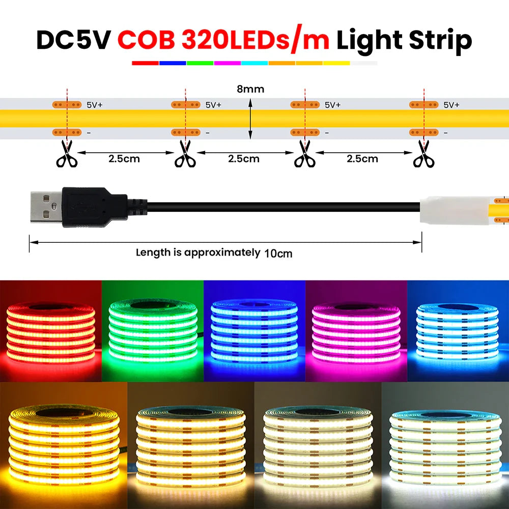 5V USB 3mm 5mm COB LED Strip Light 8MM PCB White Red Green Pink - LED Strip Light - view 4