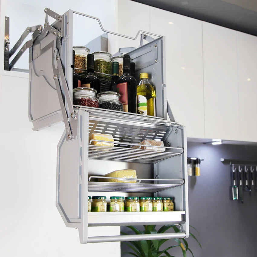 Refrigerator top cabinet double body lifting pull basket double layer hanging cabinet - Cabinet Organizer