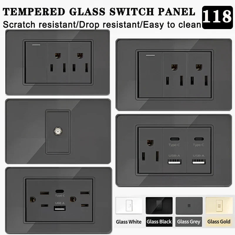 118 Series 118*75mm Tempered Glass US Thai Wall Socket Dual USB Type-C Ports Light - Home Improvement