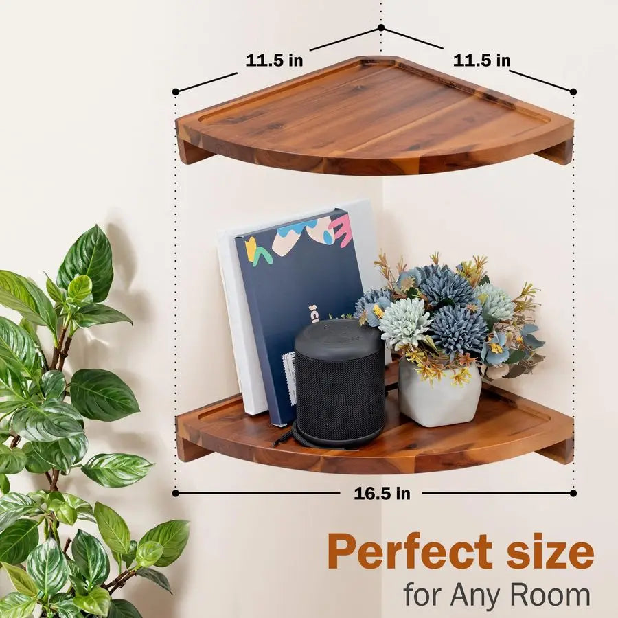 Floating Round Corner Shelves for Wall 2pcs Acacia Wood WallMounted Storage Shelves - Home Improvement - view 3