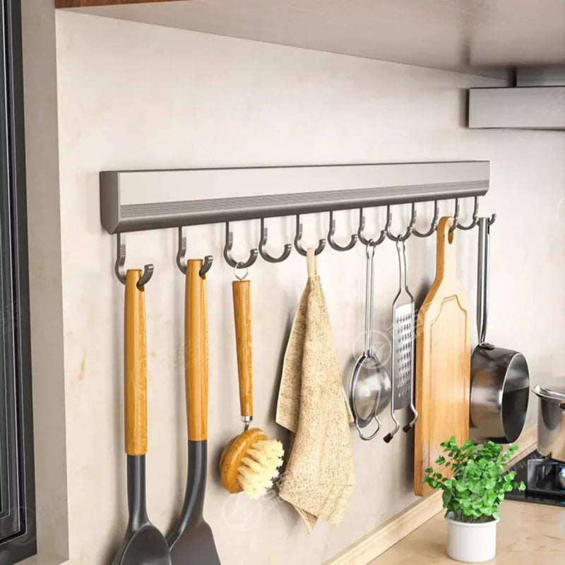 Aluminum Alloy Hooks Rack Wall Mounted Drill-Free Kitchen Utensils Storage Row Hook - Storage Shelf - view 5