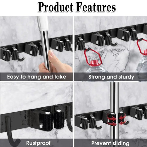 2 Pack Black 5 Racks and 4 Hooks Mop and Broom Holder Wall Mount - Storage Shelf - view 2