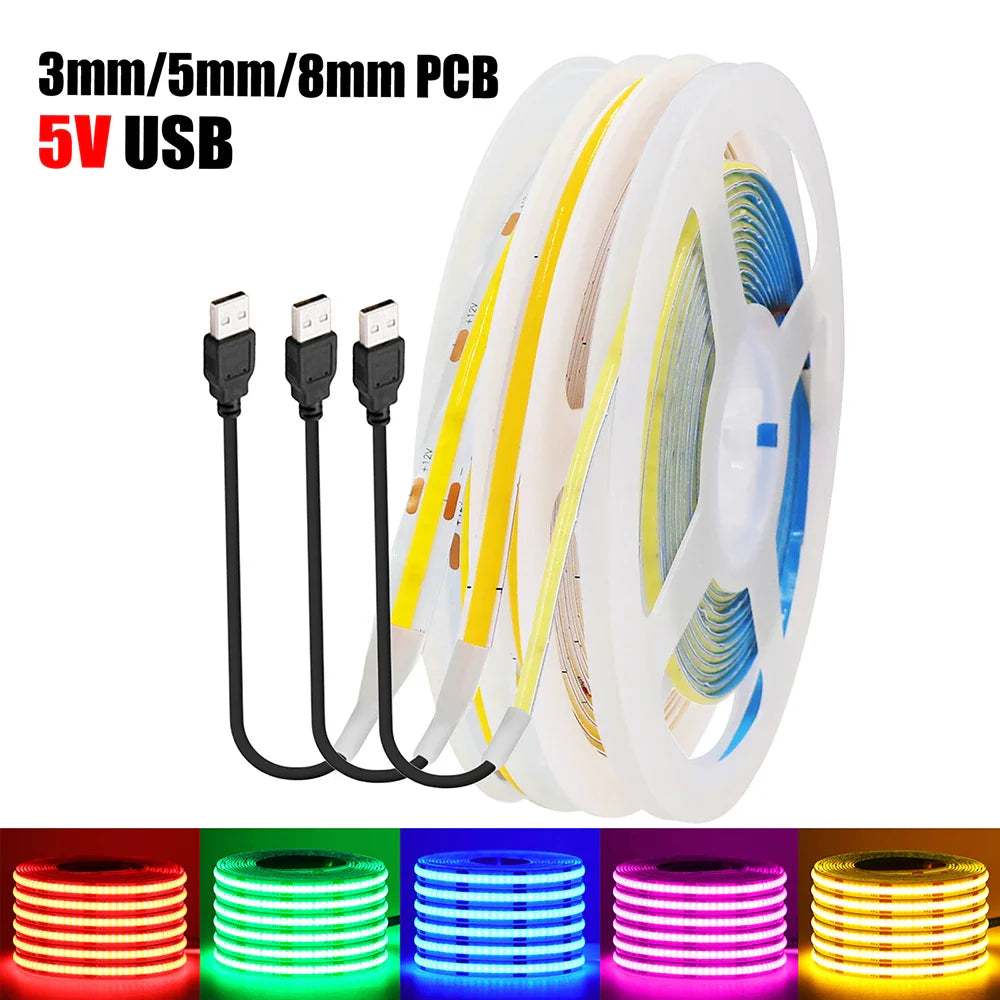 5V USB 3mm 5mm COB LED Strip Light 8MM PCB White Red Green Pink - LED Strip Light