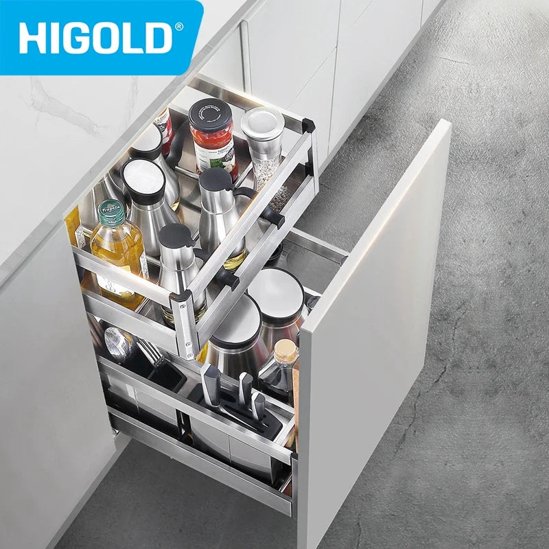 HIGOLD Seasoning Pull Out Basket Kitchen Kitchen Cabinet 304 Stainless Steel Double - Cabinet Organizer