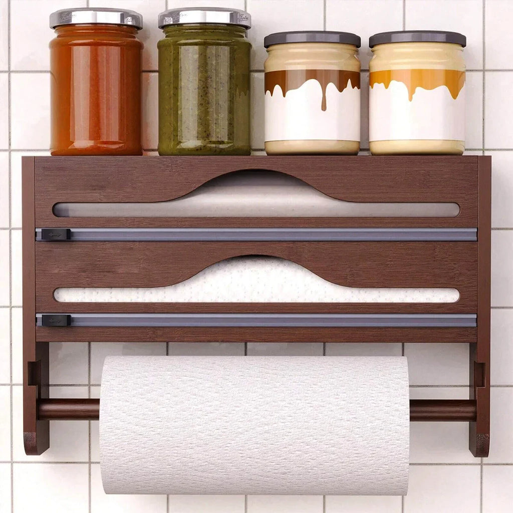 Bamboo Kitchen Organzier, Clingfilm & Foil Dispenser with Cutter, Wall-Mounted Storage - Home Improvement - view 4