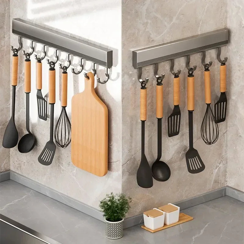 Aluminum Alloy Hooks Rack Wall Mounted Drill-Free Kitchen Utensils Storage Row Hook - Storage Shelf