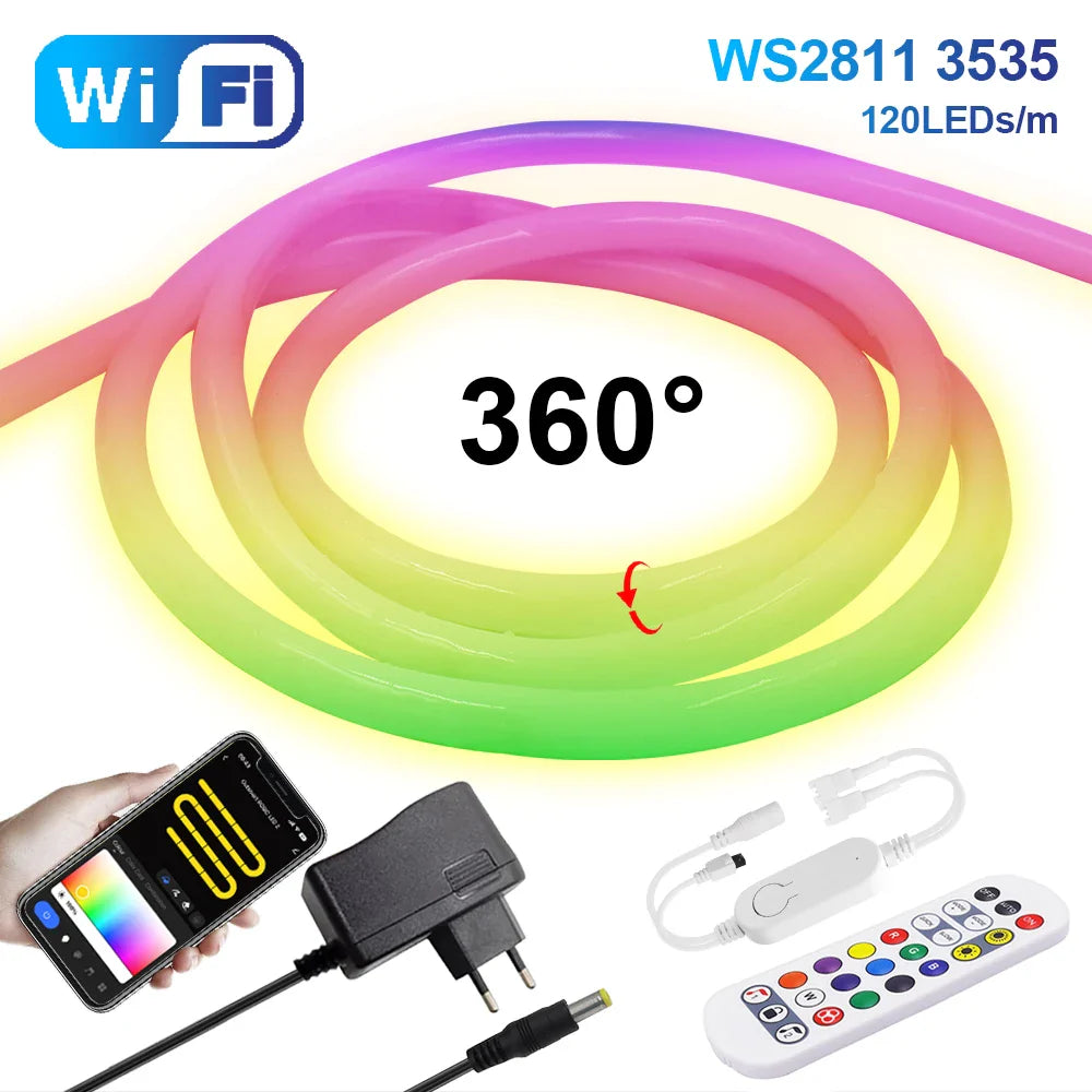 360 Round RGB LED Neon Tube Strip Light Sign 24V 120LEDs/M IP67 Flexible Rope - LED Strip Light