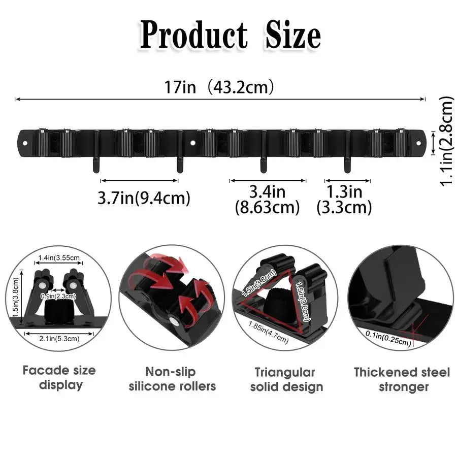 2 Pack Black 5 Racks and 4 Hooks Mop and Broom Holder Wall Mount - Storage Shelf - view 3