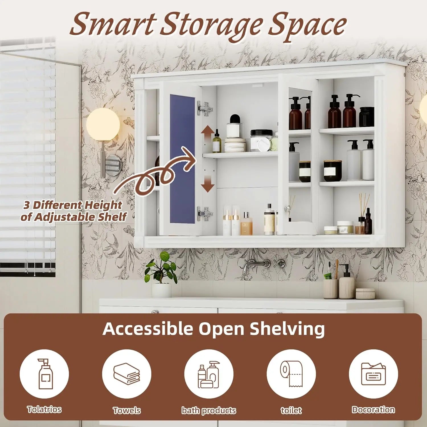 48in Wall Mounted Medicine Cabinet with Mirror Adjustable Shelf Open Shelves Over - Cabinet Organizer - view 4
