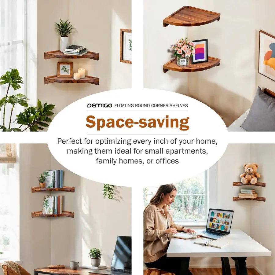 Floating Round Corner Shelves for Wall 2pcs Acacia Wood WallMounted Storage Shelves - Home Improvement - view 6