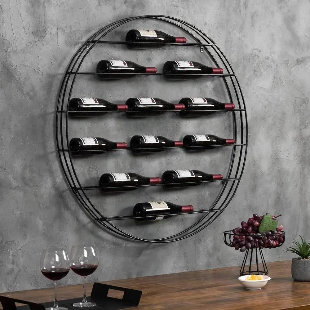 12-Bottle Modern Black Metal Round Wall Mounted Wine Rack – 6-Tier Horizontal Storage - Wine Rack - view 3