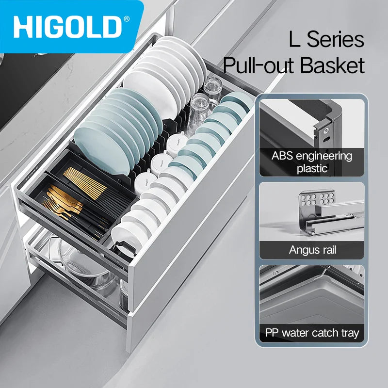 HIGOLD 500mm Cabinet Pull Basket Double Drawer With Dish Rack 304 Stainless Steel Kitchen - Dish Drying Rack