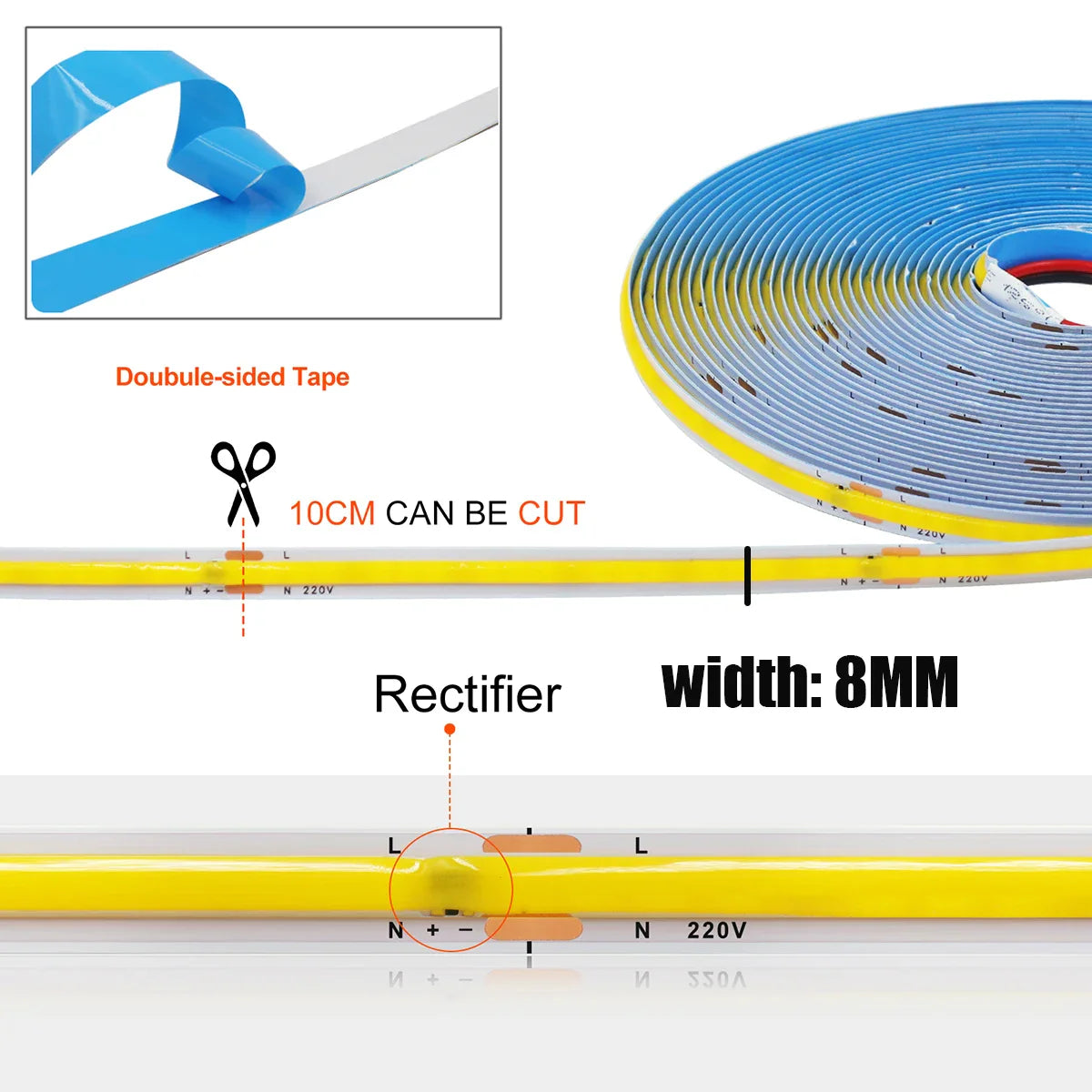 5M 10M 20M 50M/Roll COB Strip AC 220V 240Leds/M IP20 3000K 4000K 6000K Driver - Home Improvement - view 5