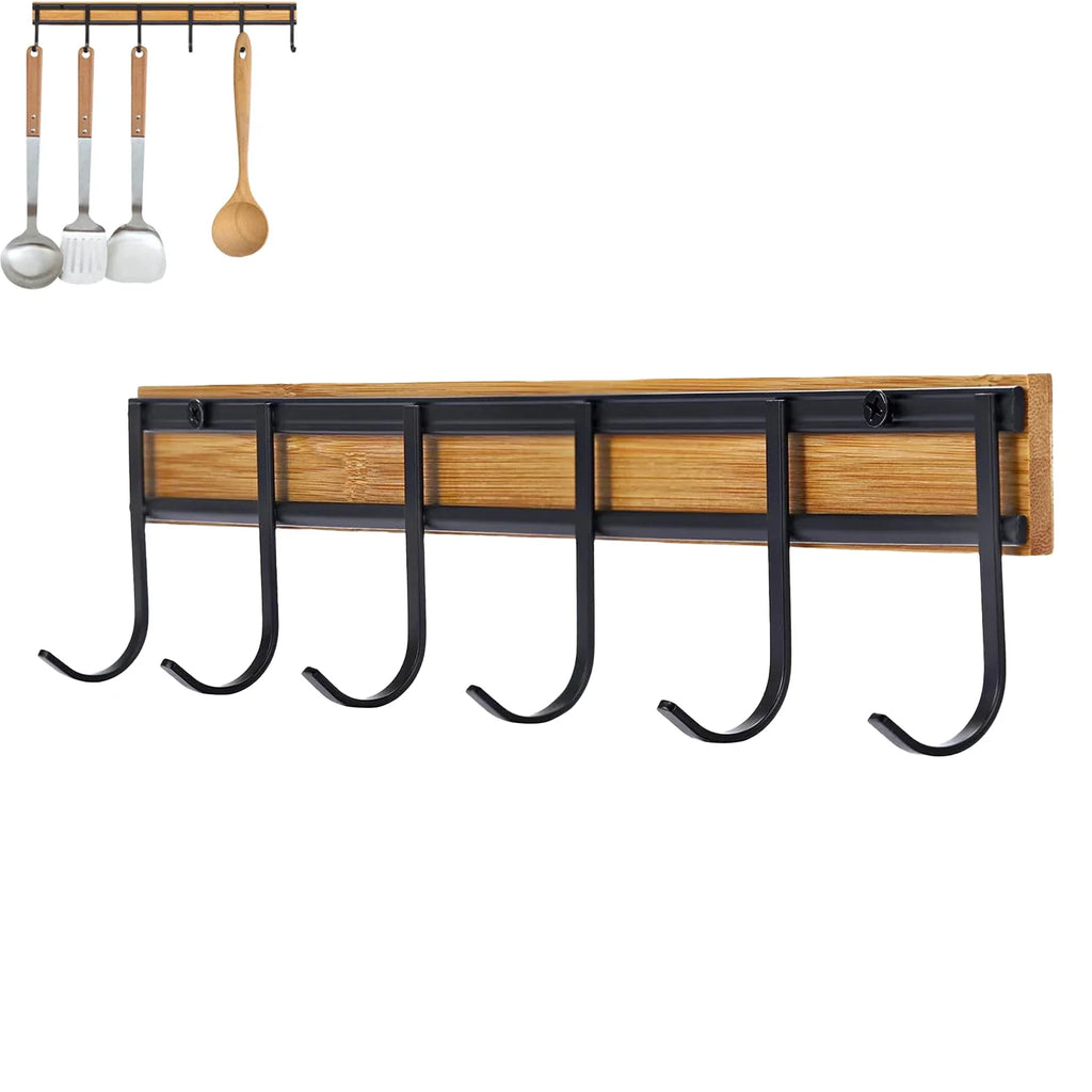 2PCS Wall Mounted Kitchen Utensil Hooks Set of 6 Black Metal Bamboo Decor Hangers - Organizer