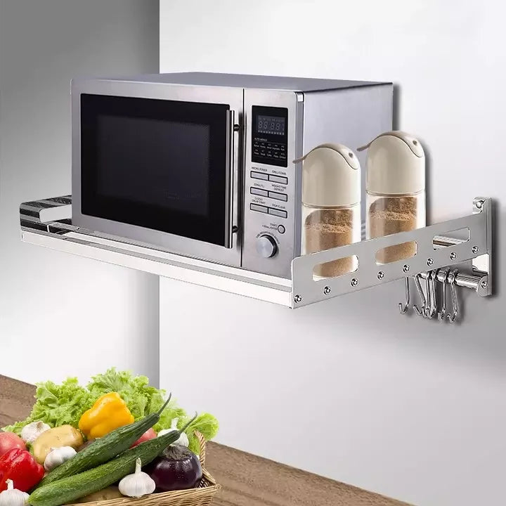 Wall Mount Microwave Oven Shelf Kitchen Item Storage Bracket With 12 Hooks SS201 Stainless - Storage Shelf - view 2