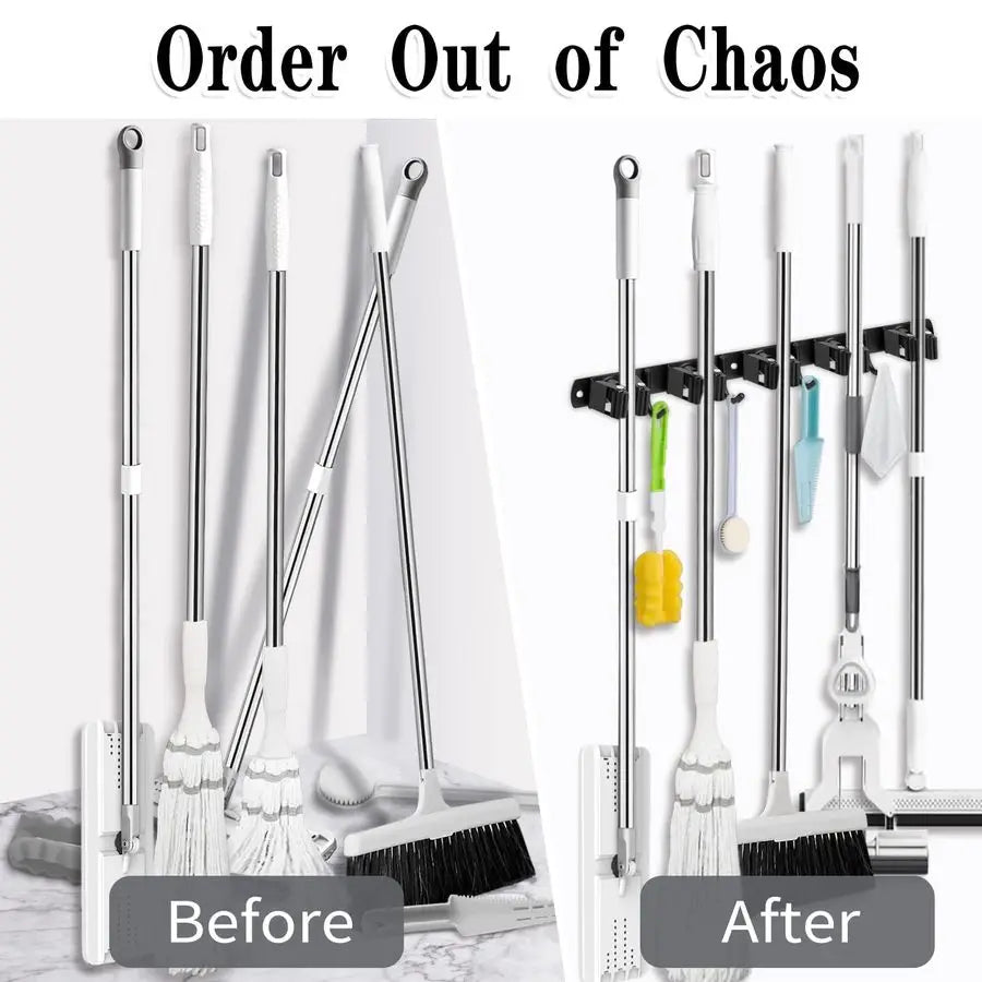 2 Pack Black 5 Racks and 4 Hooks Mop and Broom Holder Wall Mount - Storage Shelf - view 7