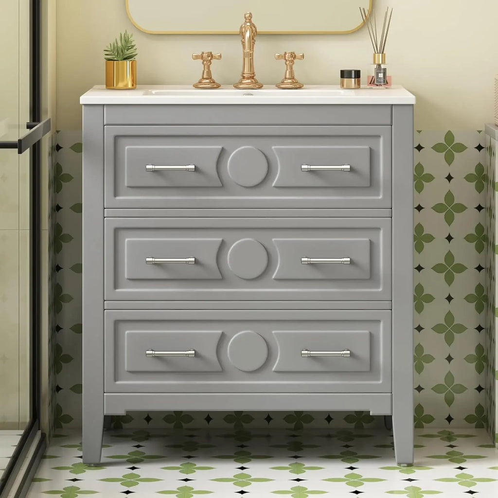 30" Bathroom Vanity with Sink Top 3-Drawer Storage Cabinet Gold Pulls Tip-Out Drawer Solid - Cabinet Organizer - view 8