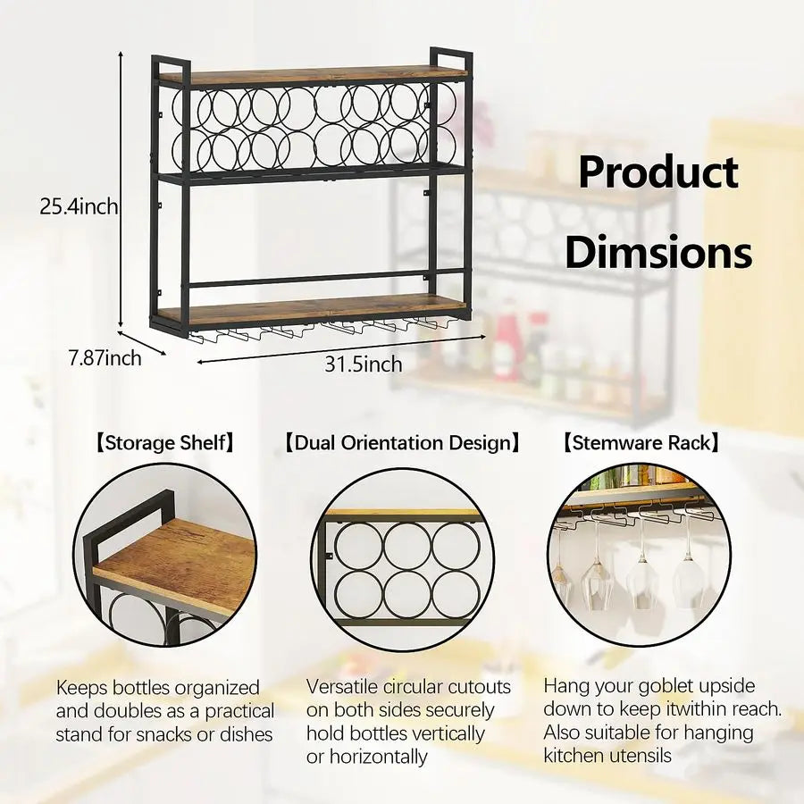 Wine Rack Wall Mounted Horizontal Bottle Holder, Wall Wine Rack with Rustic Wood for - Wine Rack - view 3
