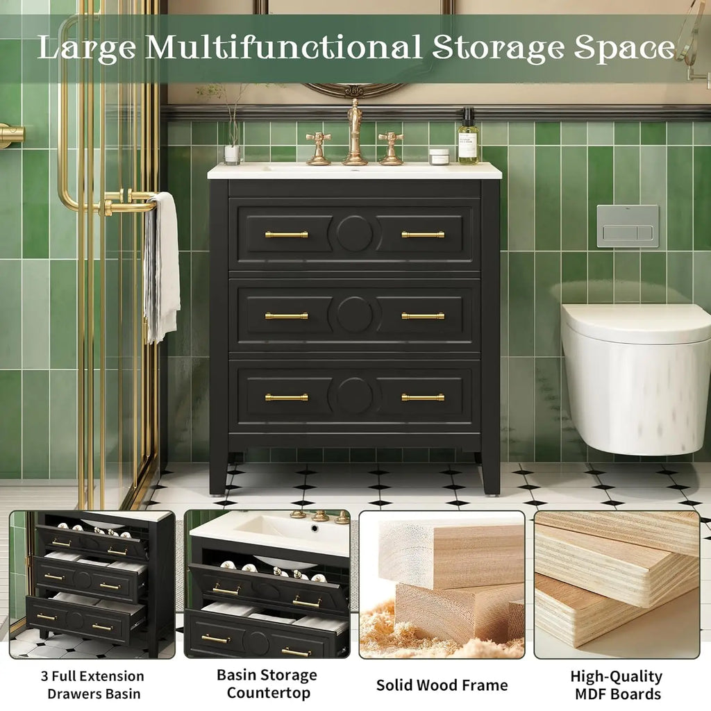 30" Bathroom Vanity with Sink Top 3-Drawer Storage Cabinet Gold Pulls Tip-Out Drawer Solid - Cabinet Organizer - view 4