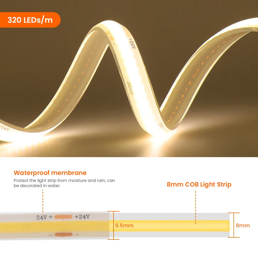 1-20M IP68 Waterproof COB LED Strip 12V 24V 320LEDs/M RA90 Flexible Light Bar Kitchen - LED Strip Light - view 5