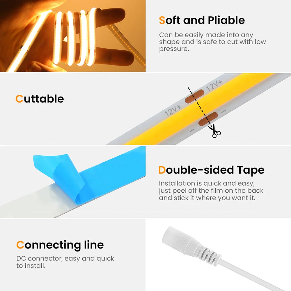 12V 24V 3mm 5mm PCB COB LED Strip Light 384LED/m 2Pin Wire/DC Plug High - LED Strip Light - view 5