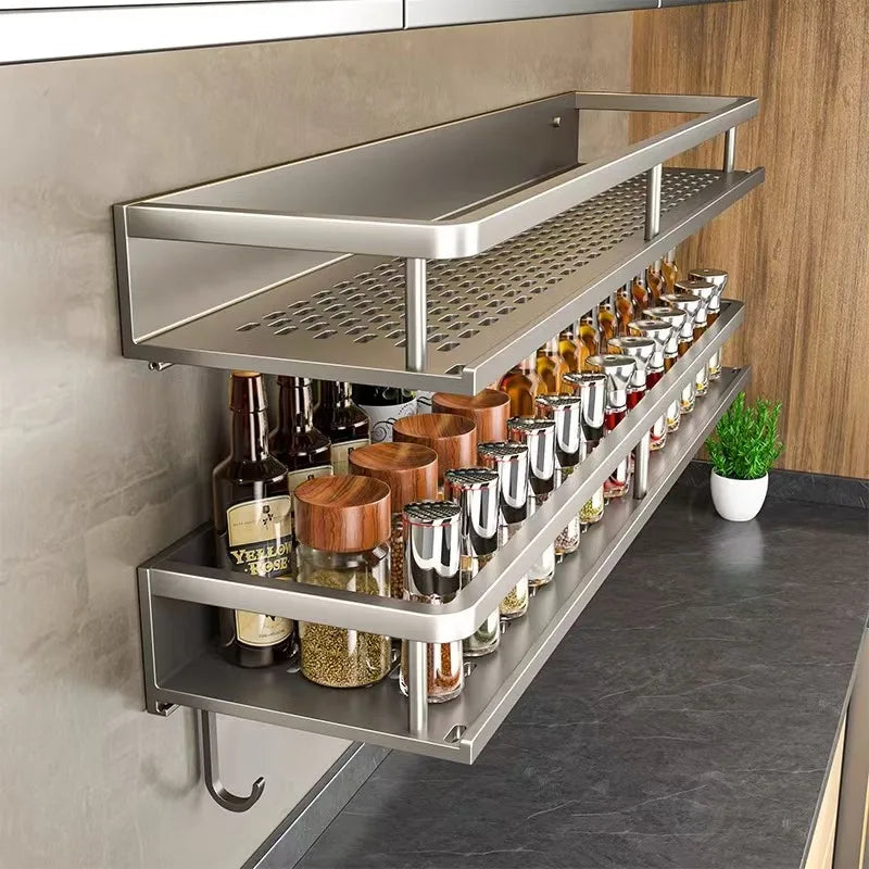 Light luxury kitchen multi-functional storage rack wall-mounted spice rack hole-free - Storage Shelf