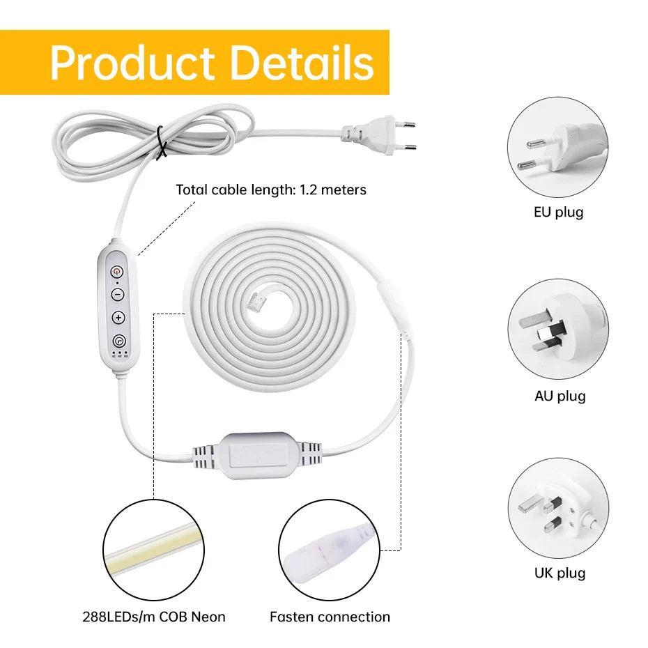 Self-adhesive 220V COB LED Strip 288LEDs/m IP65 Waterproof 1m-25m Length with Timing - LED Strip Light - view 2